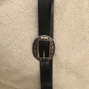 Silver buckle black leather belt